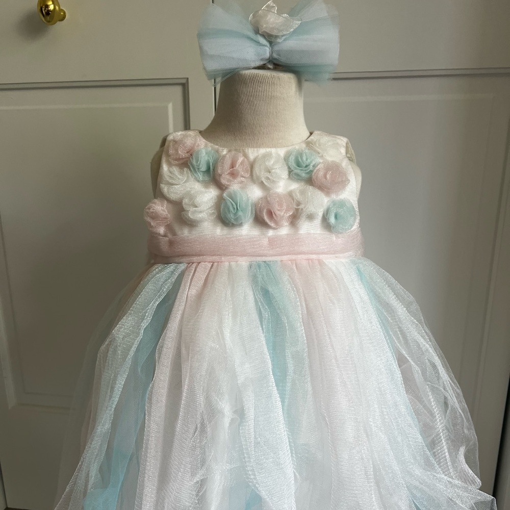 Biscotti Tulle Appliqué Pink Blue Dress with Tulle Hair Clip